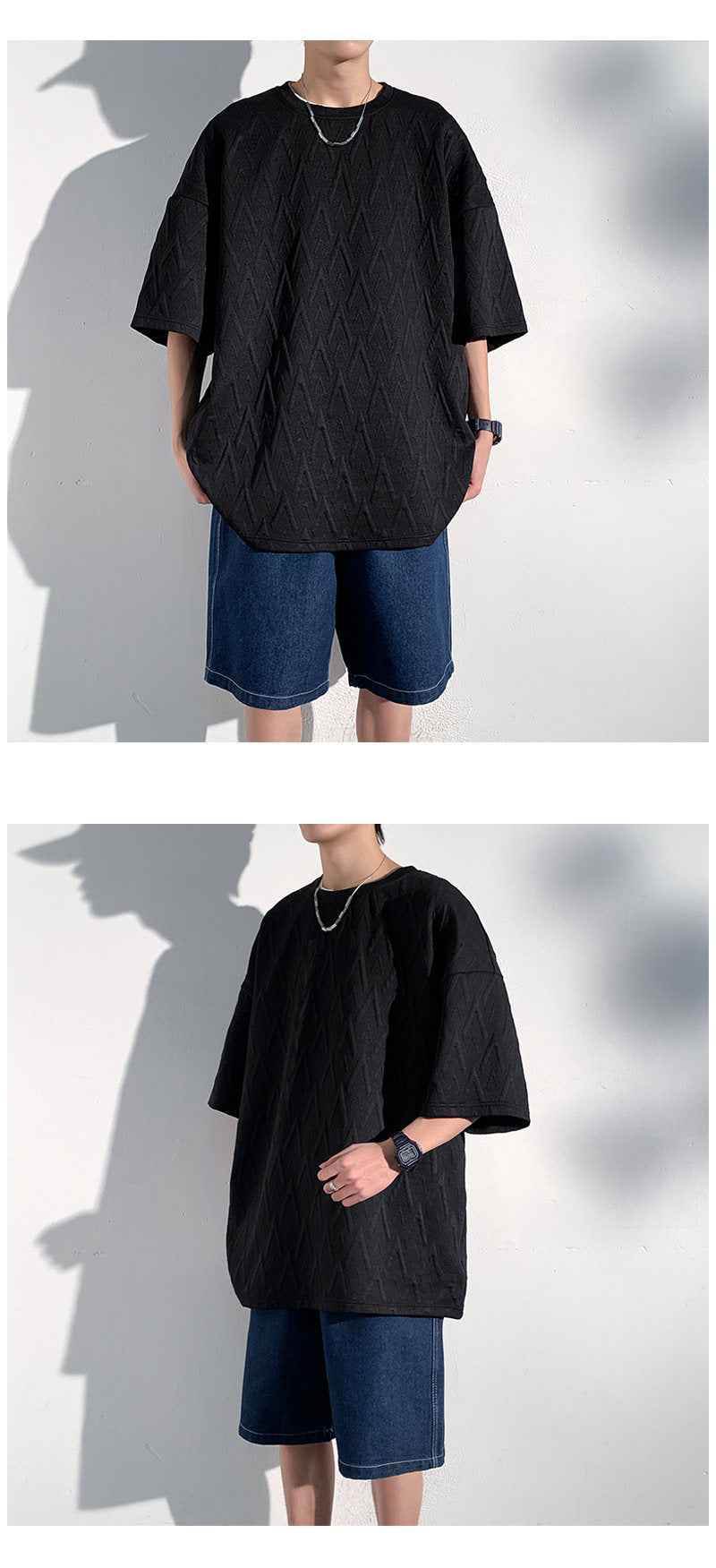 Mid-sleeve Bottoming Shirt Men's Round Neck Jacquard Solid Color Plus Size T-shirt MuddyStock