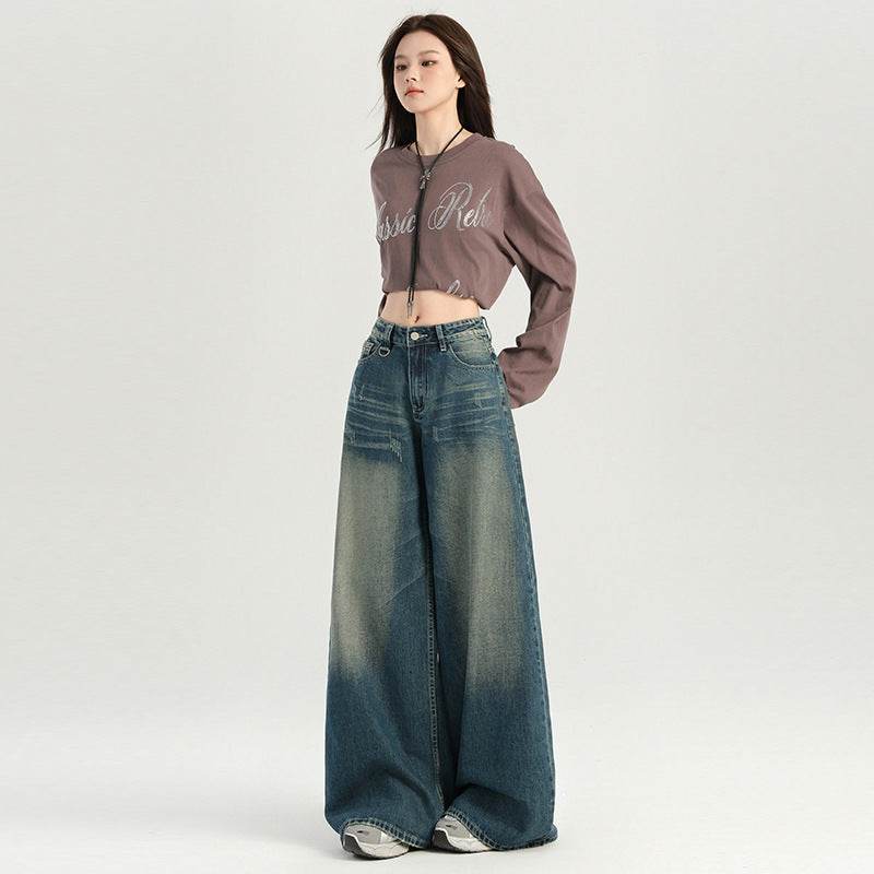 Women's Heavy Wash Denim Pants Loose Wide Leg Trousers Retro Lazy Loose Fit Retro Blue # Extended Length eprolo