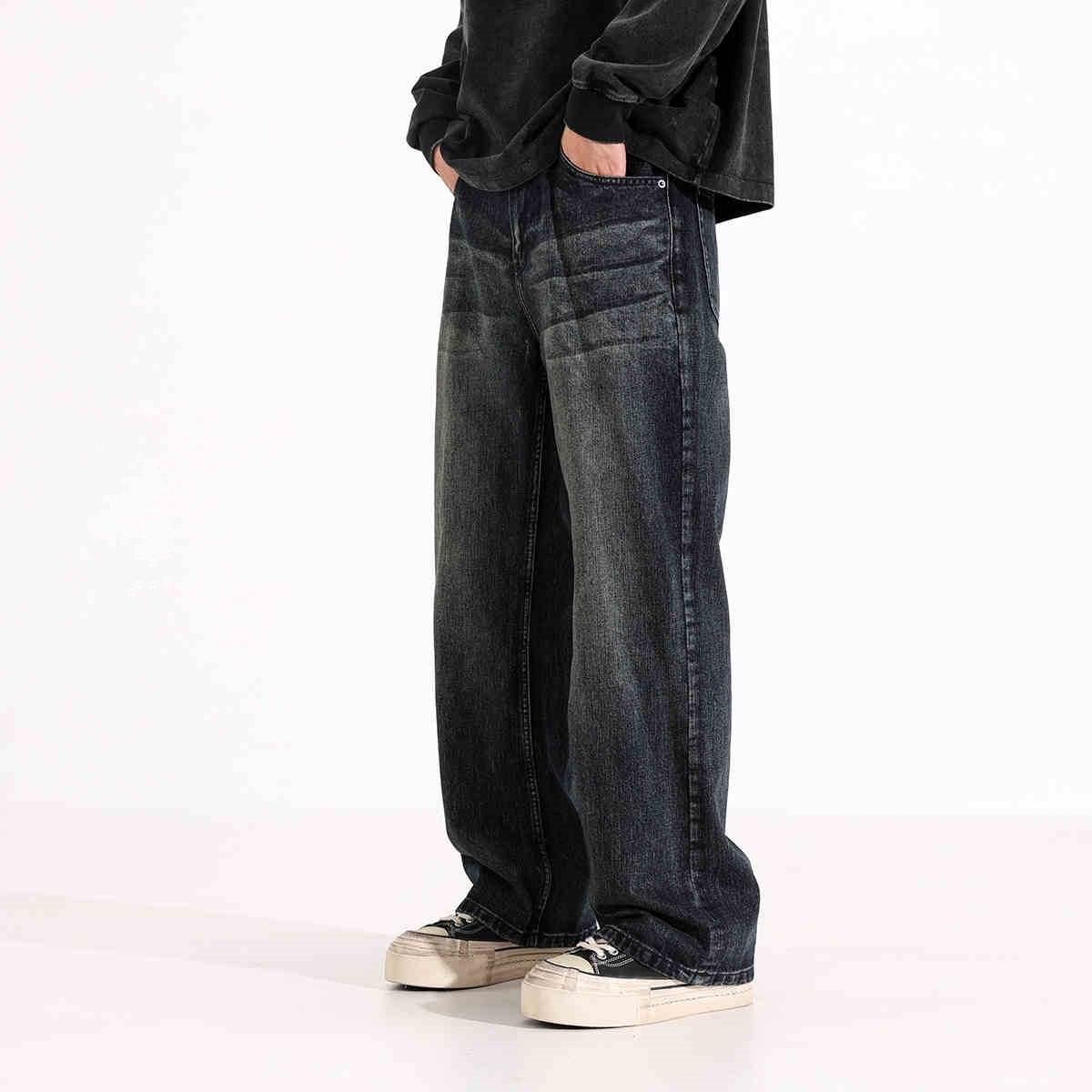 Retro Straight Jeans Men's American Loose-fitting Wide-leg Trousers Ink Blue MuddyStock