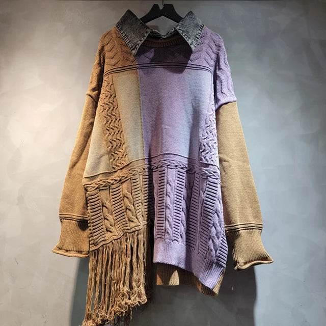 Women's Tassel Splicing Knitted Sweater Loose Top | MuddyStock Originals Purple+Yellow One Size