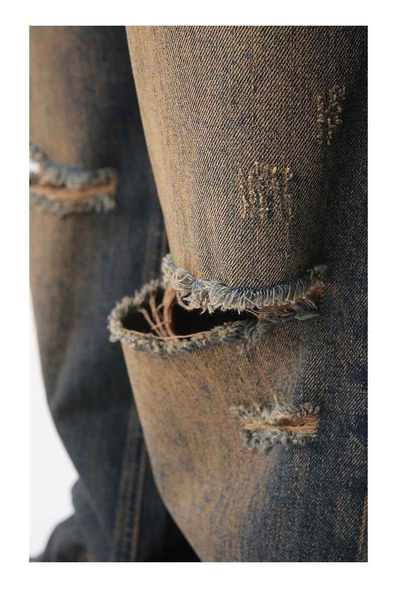 Men's Retro Distressed Rust Earthy Hole Raw Hem Jeans MuddyStock