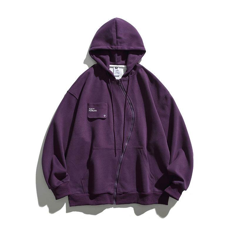 Retro Hooded Sweater Men And Women Irregular Zipper Purple MuddyStock