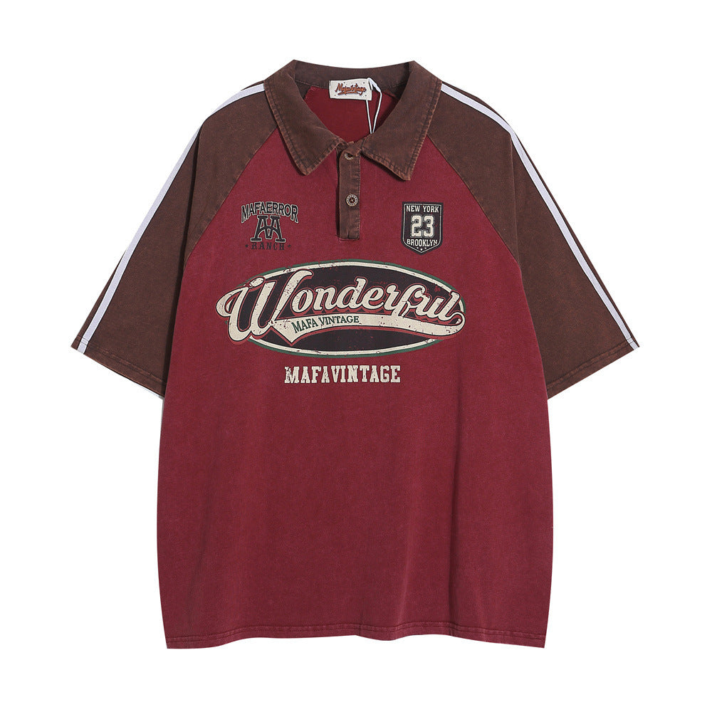 Retro Short Sleeve Loose Polo Shirt Men's Letters Red