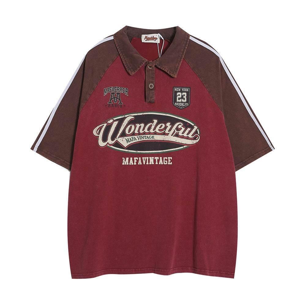 Retro Short Sleeve Loose Polo Shirt Men's Letters Red