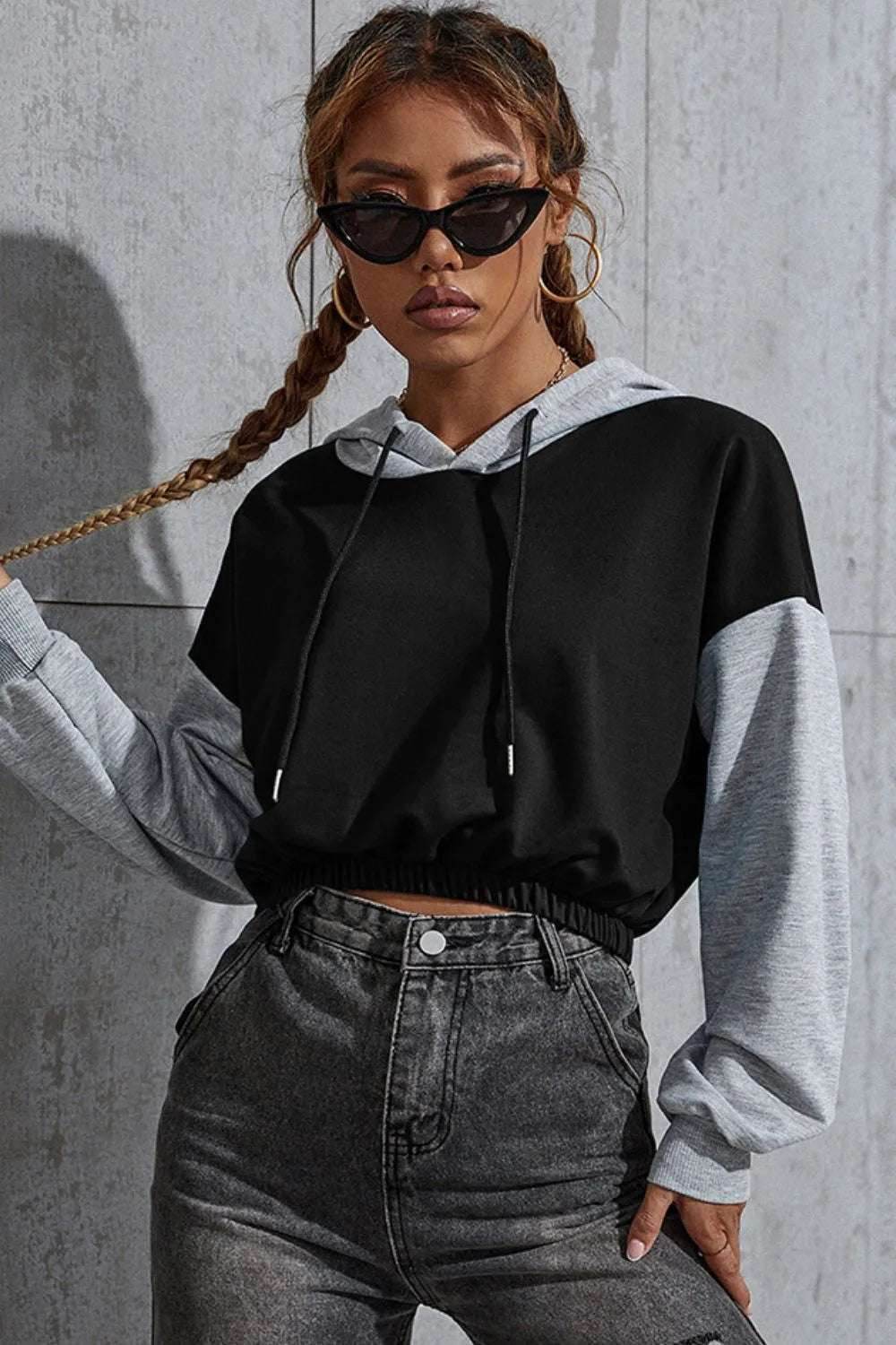 Contrast Long Sleeve Cropped Hoodie | MuddyStock Originals Black MuddyStock