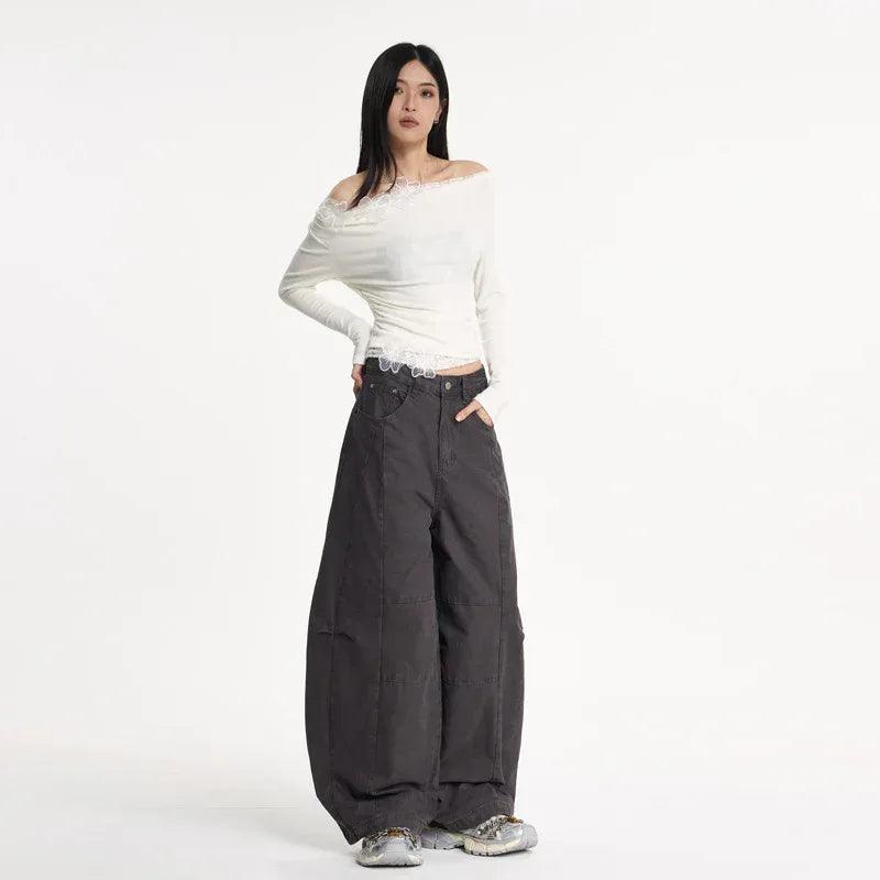 Dark Gray Wide-Leg Cargo Knife Pants For Women | MuddyStock Originals Dark Grey