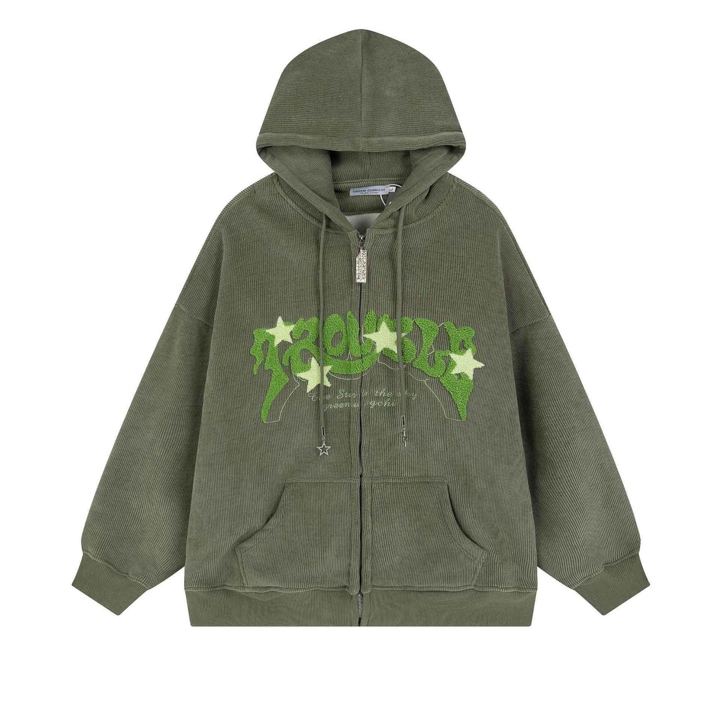 Men's And Women's Fashion Loose Star Corduroy hoodie Olive Green