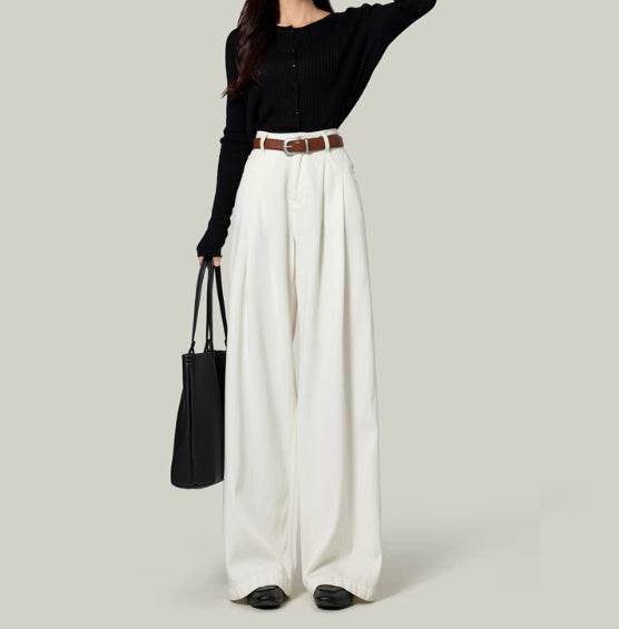 High Waisted Petite Straight Wide Leg Trousers White MuddyStock