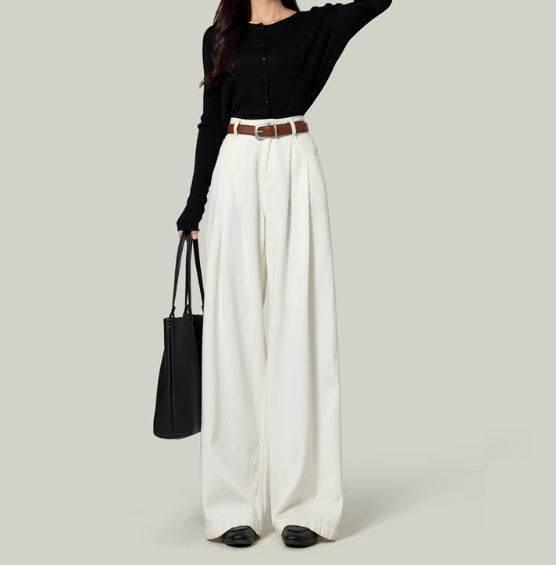 High Waisted Petite Straight Wide Leg Trousers White