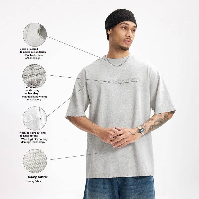 Worn Washed Embroidered T-shirt For Men MuddyStock