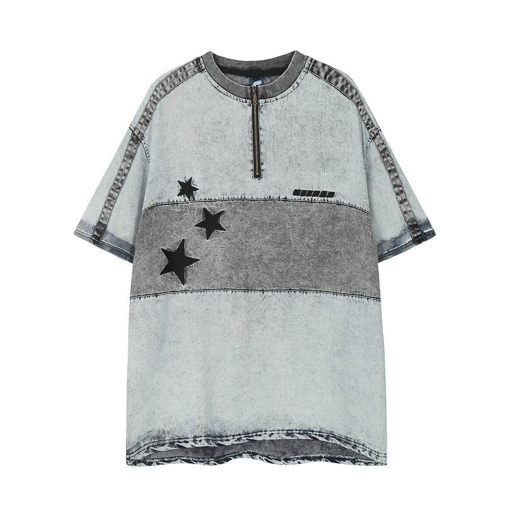 Washed Denim Short-sleeved Shirt For Men Denim Blue MuddyStock