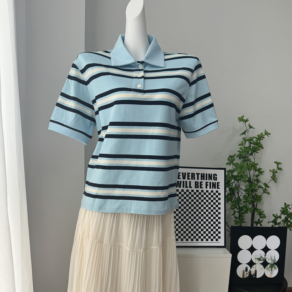Stripe Polo Loose Fit Short Sleeve T-Shirt for Women | MuddyStock Originals Blue MuddyStock