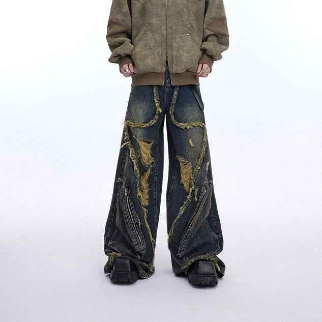 Retro Distressed Heavy Niche Deconstruction Tasseled Jeans MuddyStock