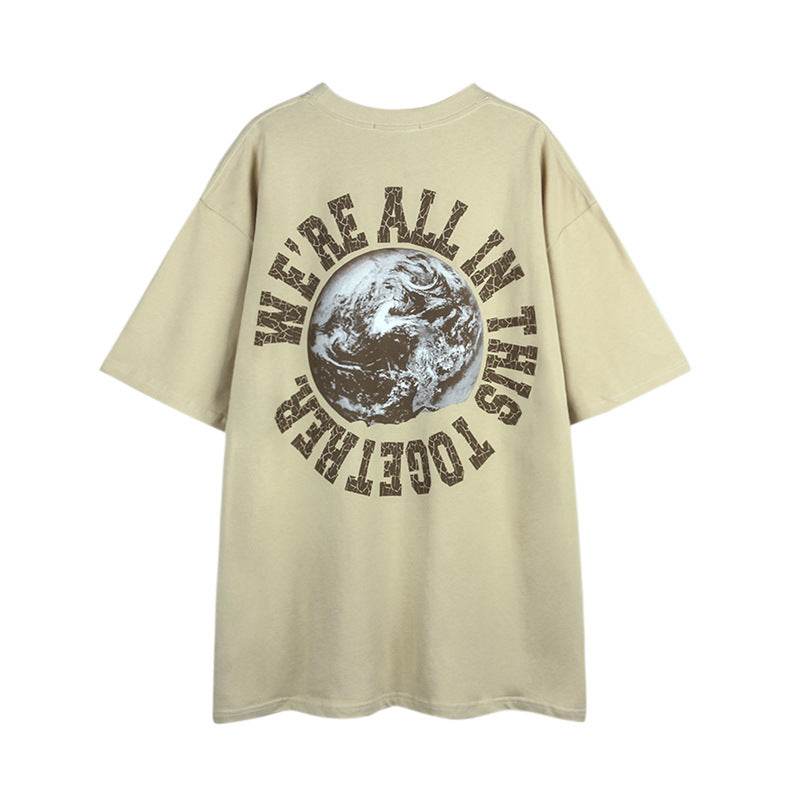 Short-sleeved T-shirt With Old Globe Letters For Men And Women Apricot MuddyStock