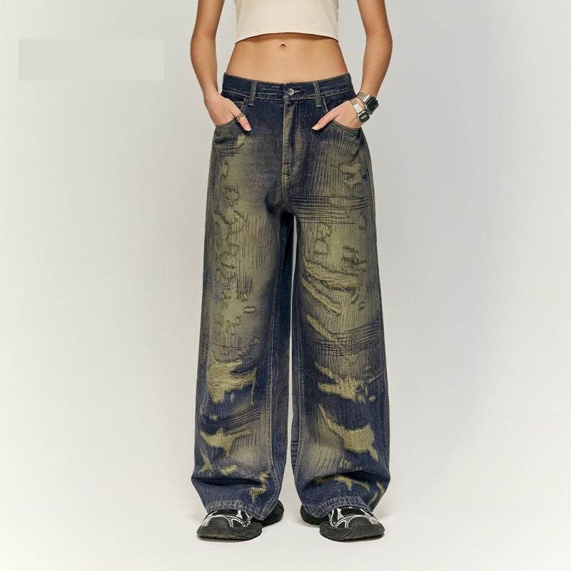 Autumn And Winter New American Street Fashion Printed Denim Wide Leg Pants For Men MuddyStock