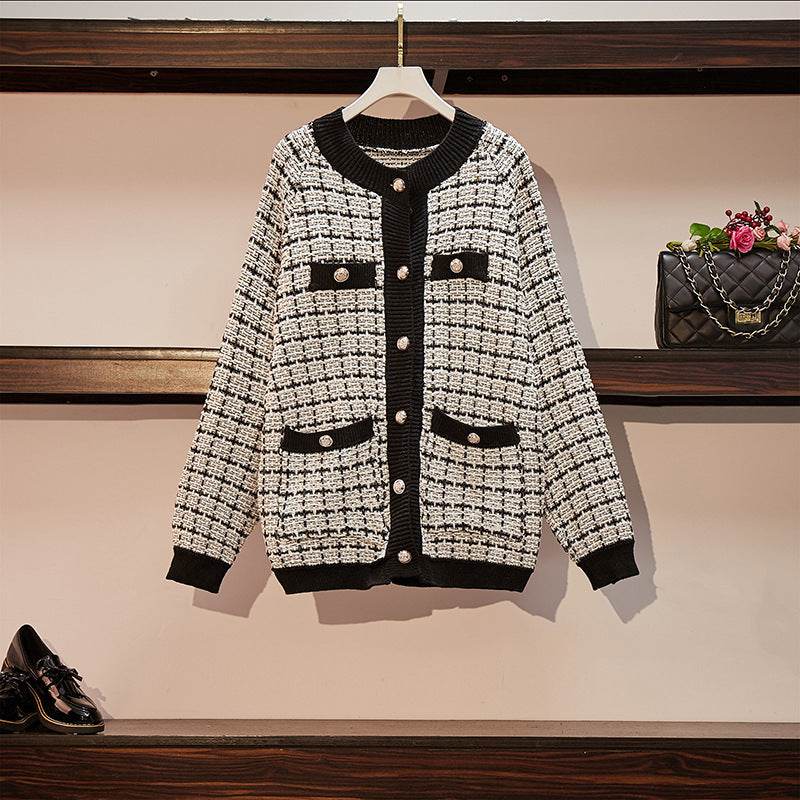 Knitted Jacket Women's Cardigan Plaid Loose Thickening Small Fragrance Style Foreign Style Square collar white Onesize MuddyStock