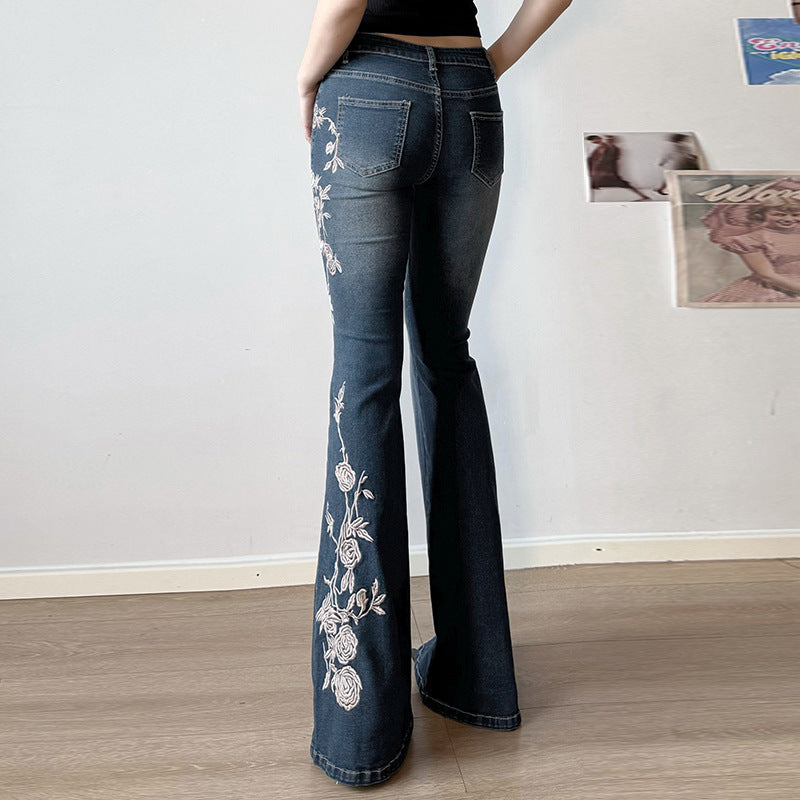 Rose embroidery retro gradient niche spicy jeans