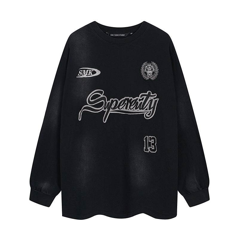 Washed patchwork embroidered sportswear round neck sweatshirt For Women | MuddyStock Originals Black MuddyStock
