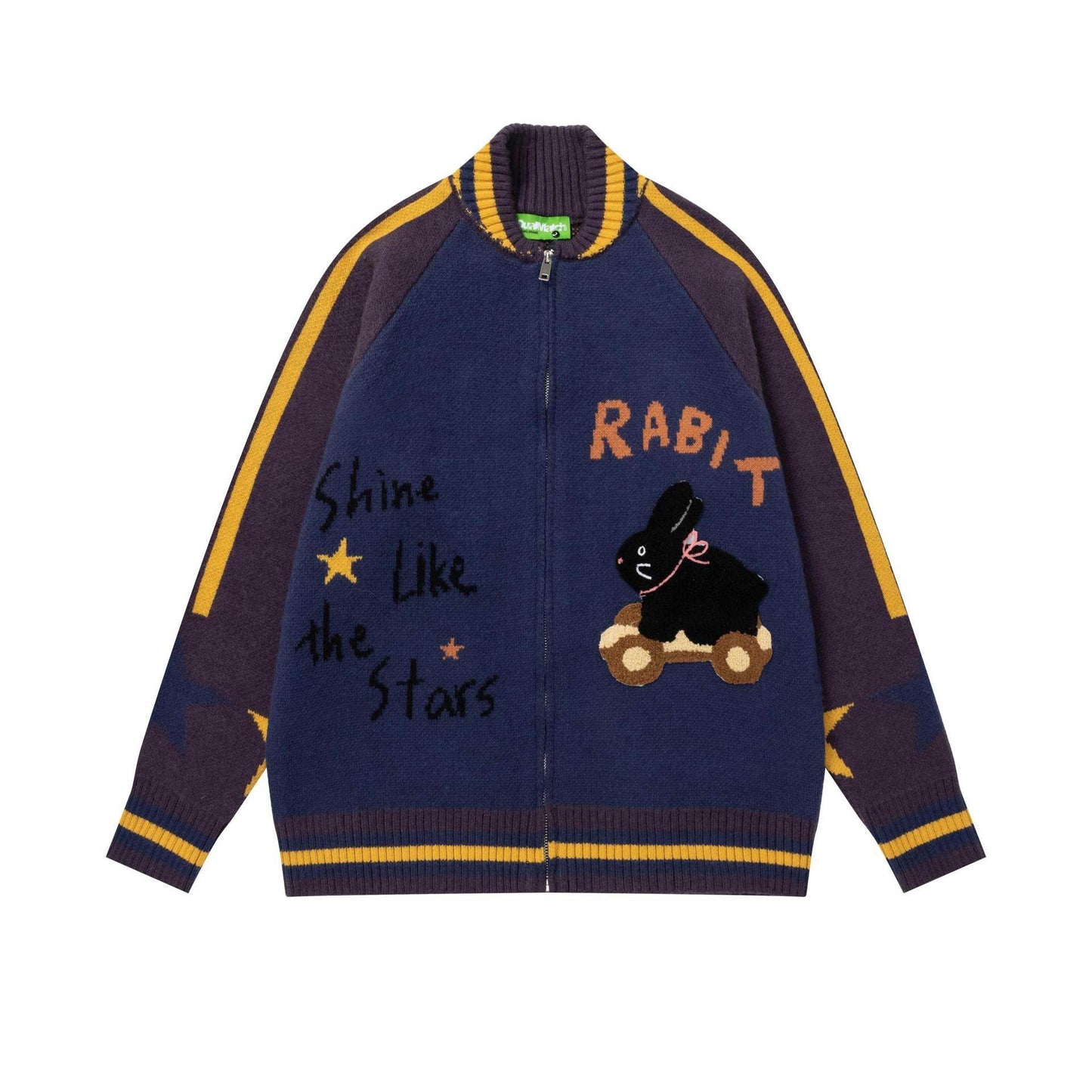 Retro cartoon rabbit letter jacquard knitted loose jacket for men and women | MuddyStock Originals Navy Blue MuddyStock