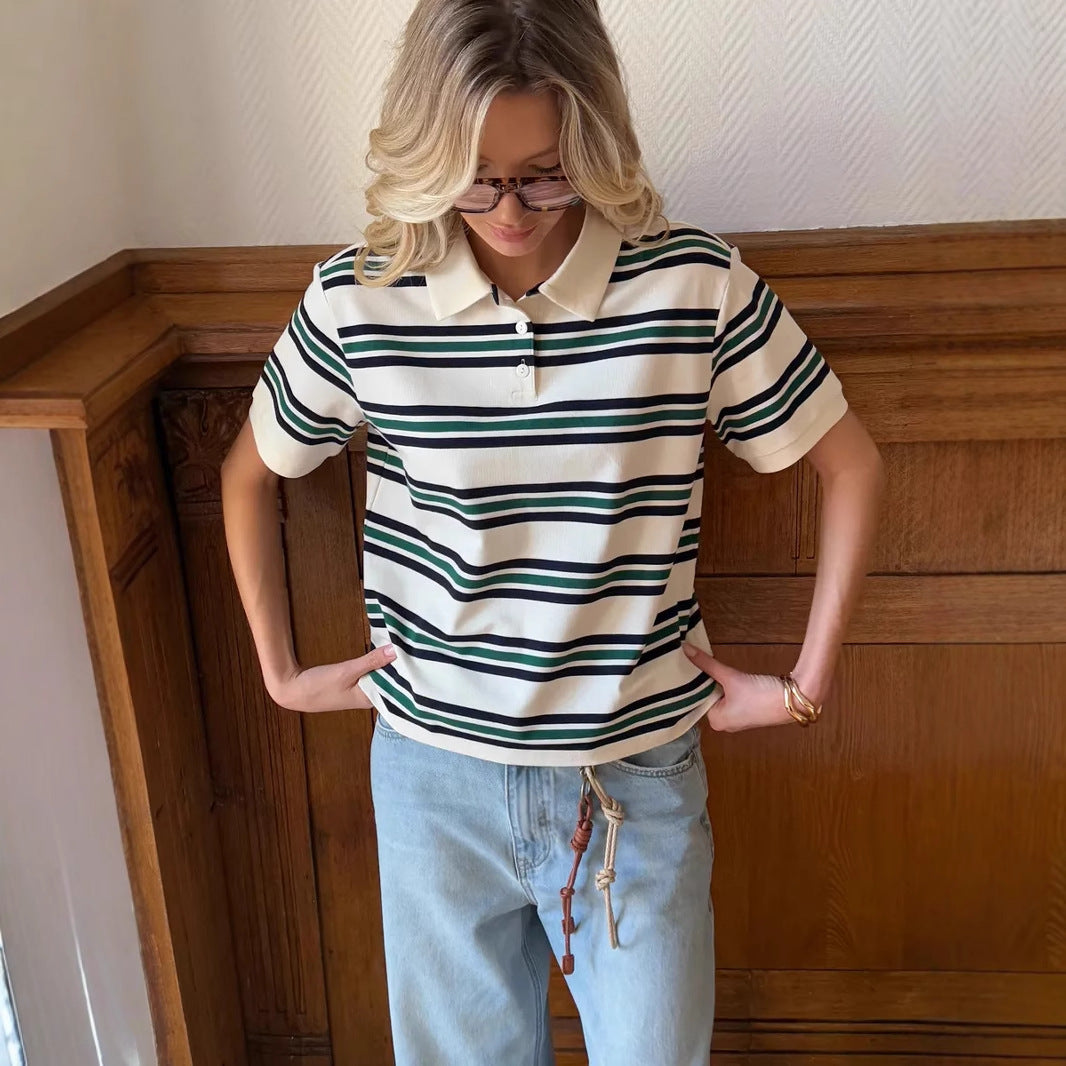 Stripe Polo Loose Fit Short Sleeve T-Shirt for Women | MuddyStock Originals MuddyStock