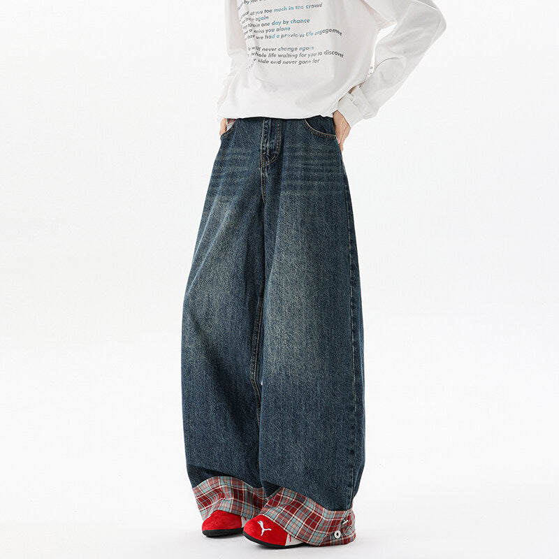 Retro Washed Plaid Cuffed Denim Wide Leg Long Pants For Men And Women | MuddyStock Originals MuddyStock