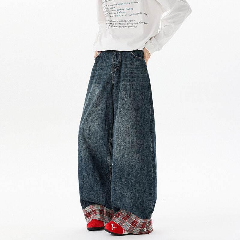 Retro Washed Plaid Cuffed Denim Wide Leg Long Pants For Men And Women | MuddyStock Originals