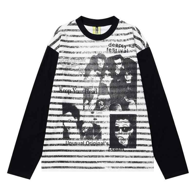 Rock Band Faux Two-Piece Striped Long Sleeve T-Shirt For Men | MuddyStock Originals White