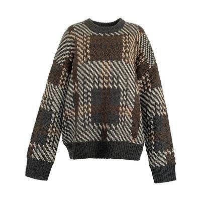Loose Plaid Pullover Long-sleeved Sweater For Women Grey One Size MuddyStock