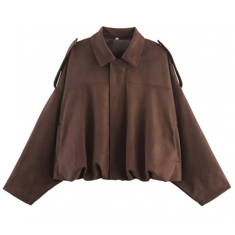 European And American Suede Texture Lapel Loose Pilot Jacket For Women Coffee All Products