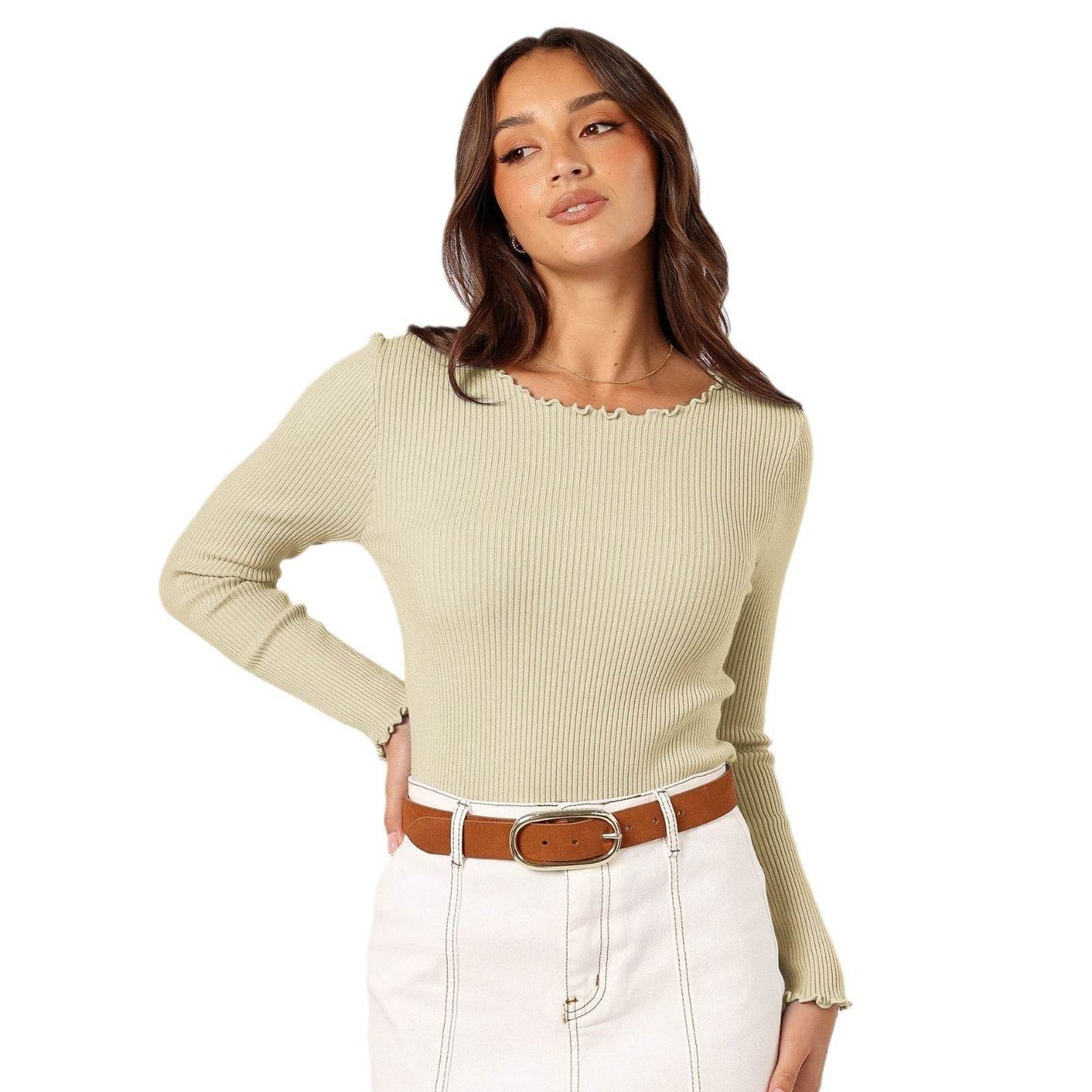 Round Neck Long Sleeve Slim Fit Shoulder Rib Women's Top MuddyStock