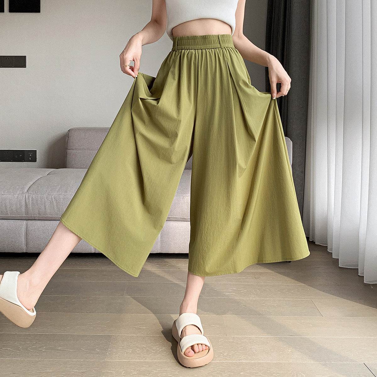 Korean Style Elastic Waistband Women's Straight Loose Pants Army Green MuddyStock