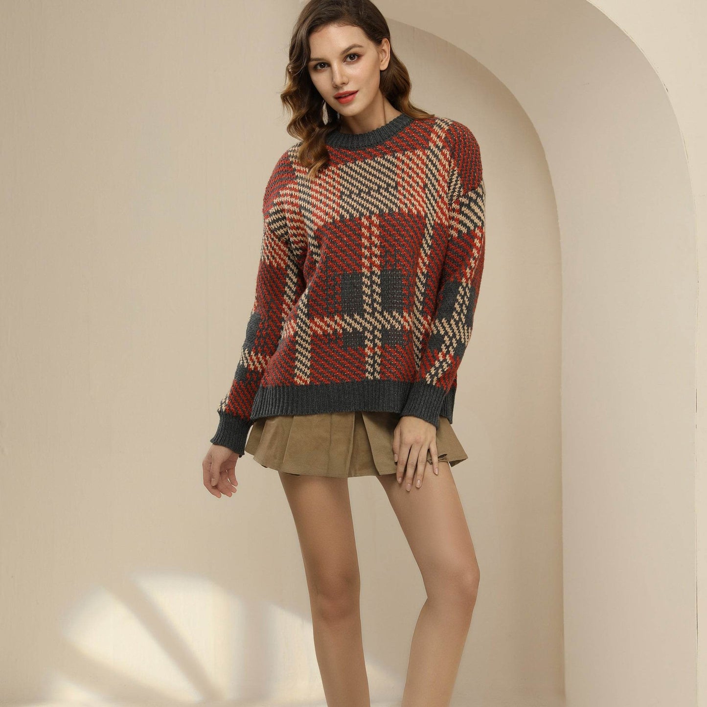 Loose Plaid Pullover Long-sleeved Sweater For Women MuddyStock