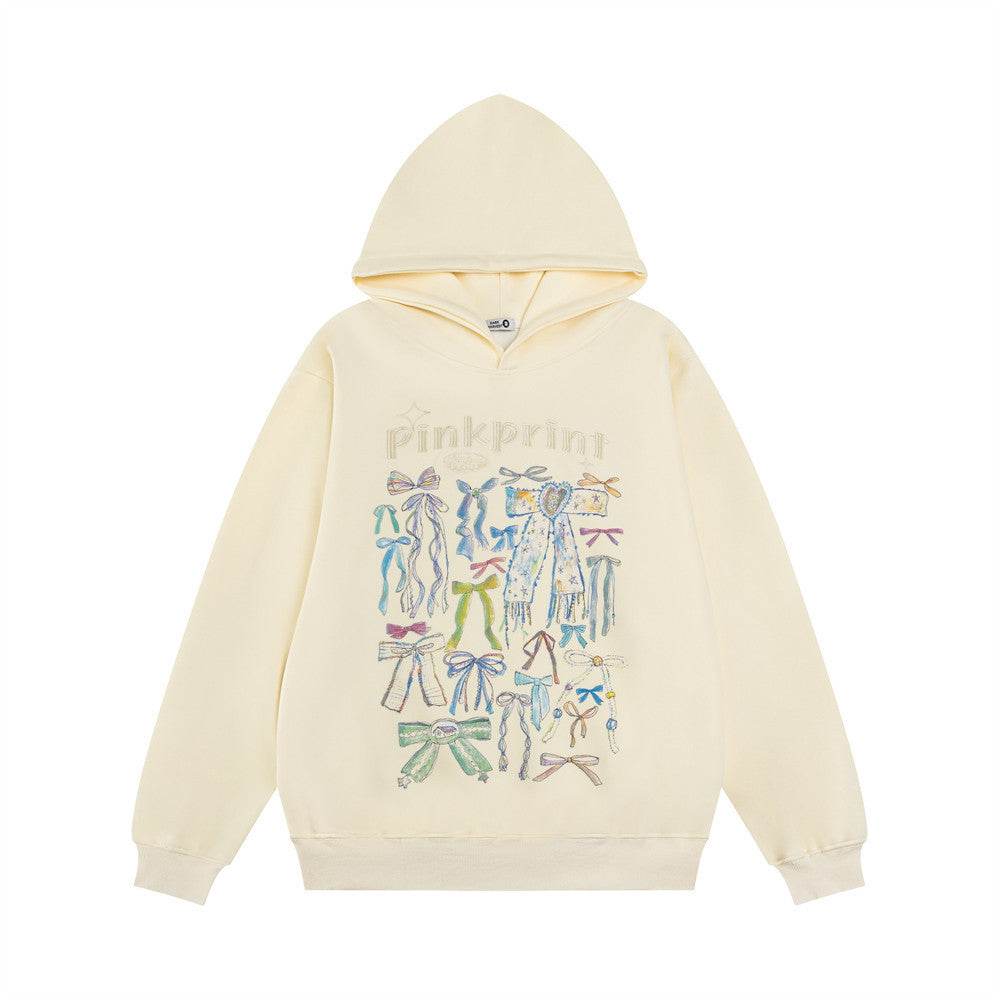 Bow Graffiti Printed Hoodie For Women Apricot MuddyStock