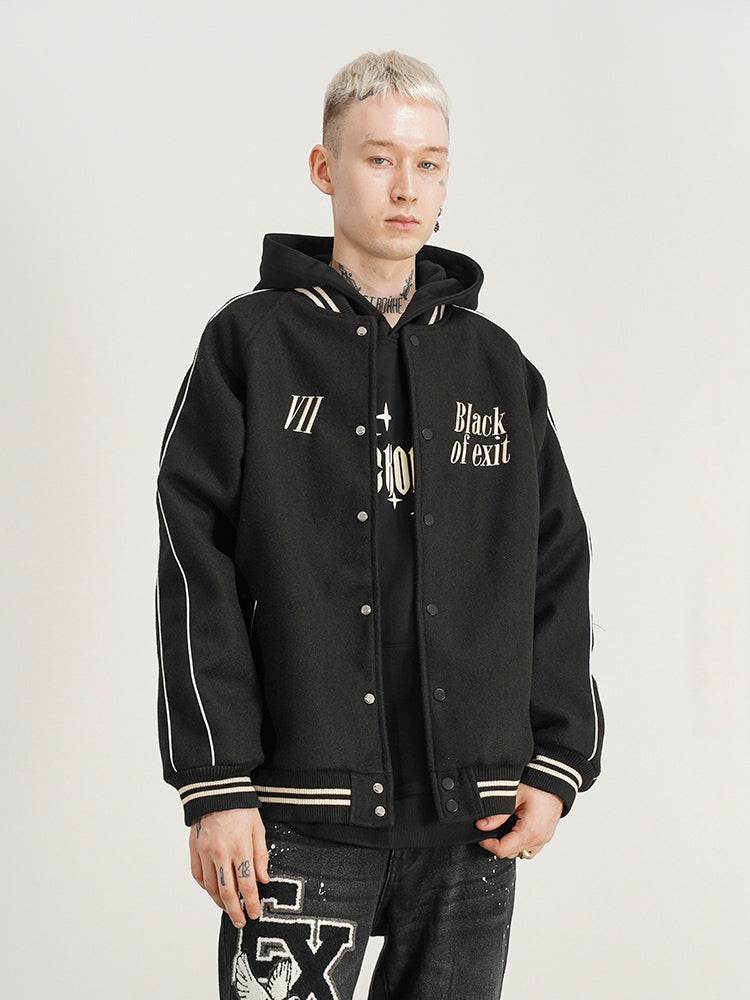 Men's High Street Embroidered Loose Baseball Uniform Jacket Black MuddyStock