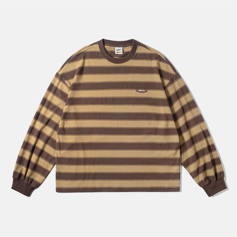 Japanese-style Retro Striped Long Sleeve T-shirt Loose Khaki Couple's Shirts Coffee Stripes MuddyStock