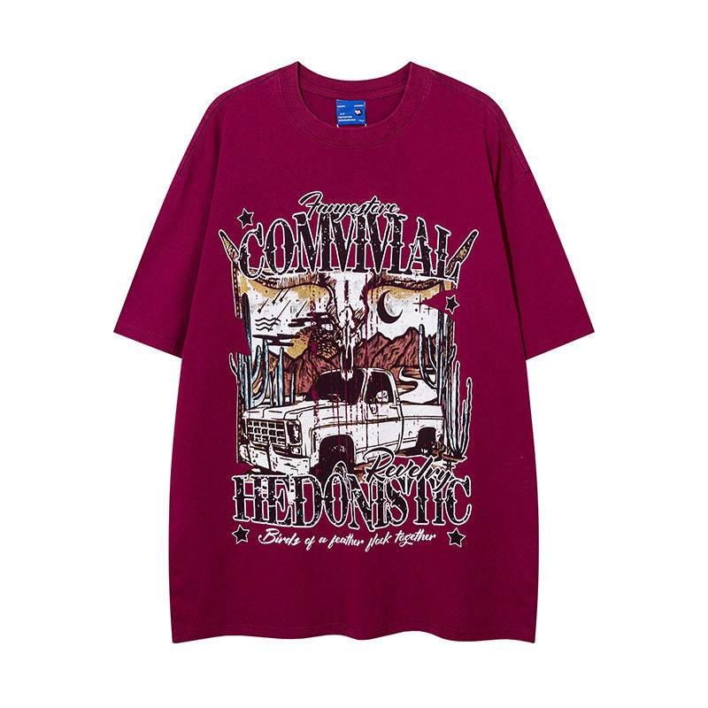 Cartoon Car Print Loose Short Sleeve For Men And Women Red MuddyStock