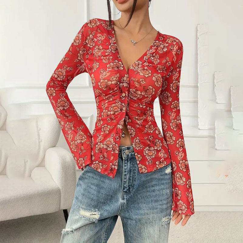 Women Button Down Long Sleeve V Neck Ruched Fitted Top MuddyStock