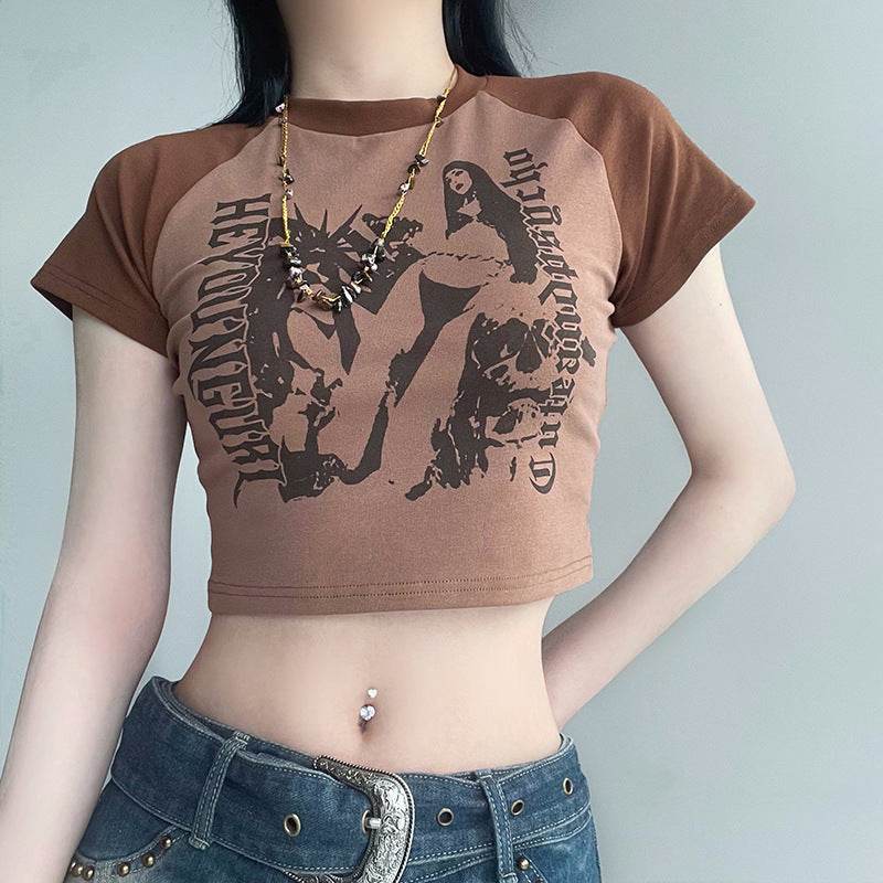 Street Cherry Print Slim-fit T-shirt For Women Brown MuddyStock