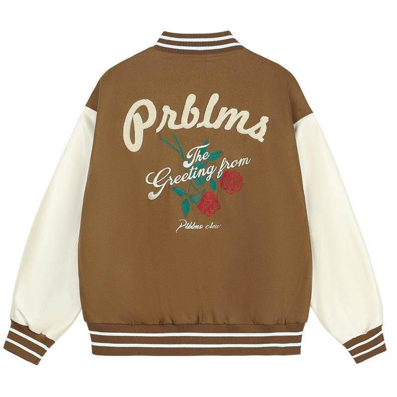 Rose Embroidered Baseball Uniform Loose High Street Jacket For Men Khaki