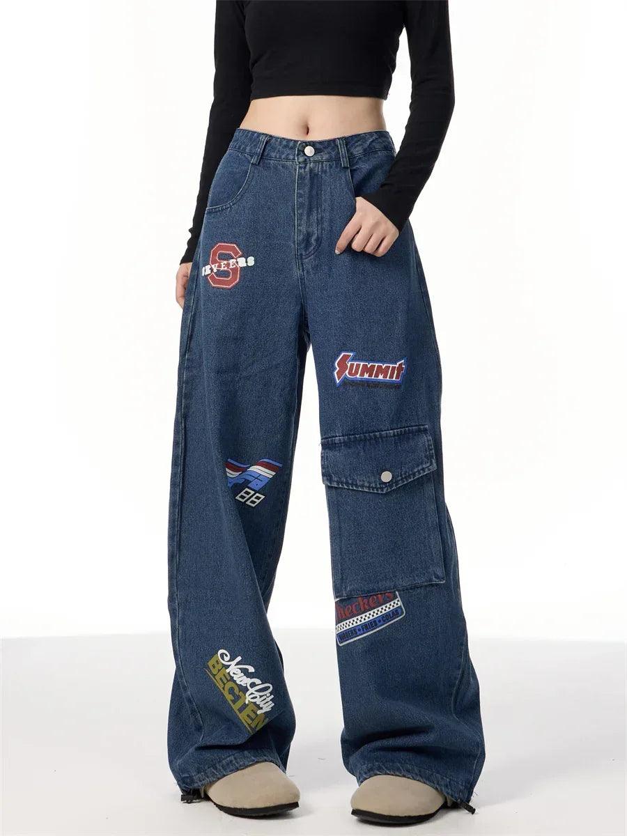 American Retro Stamp Printing Cargo Jeans For Men And Women