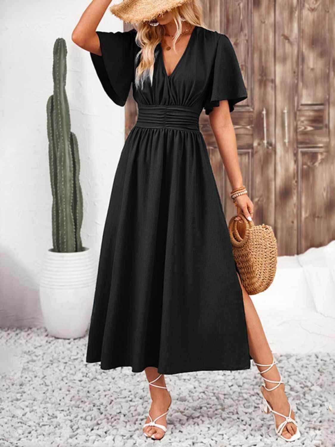 Side Slit Surplice Flutter Sleeve Midi Dress Black Trendsi