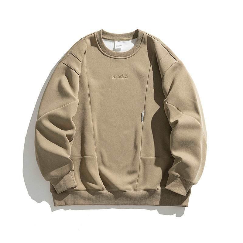 Men's Vintage Embroidery Fleece-lined Crew Neck Sweater Khaki