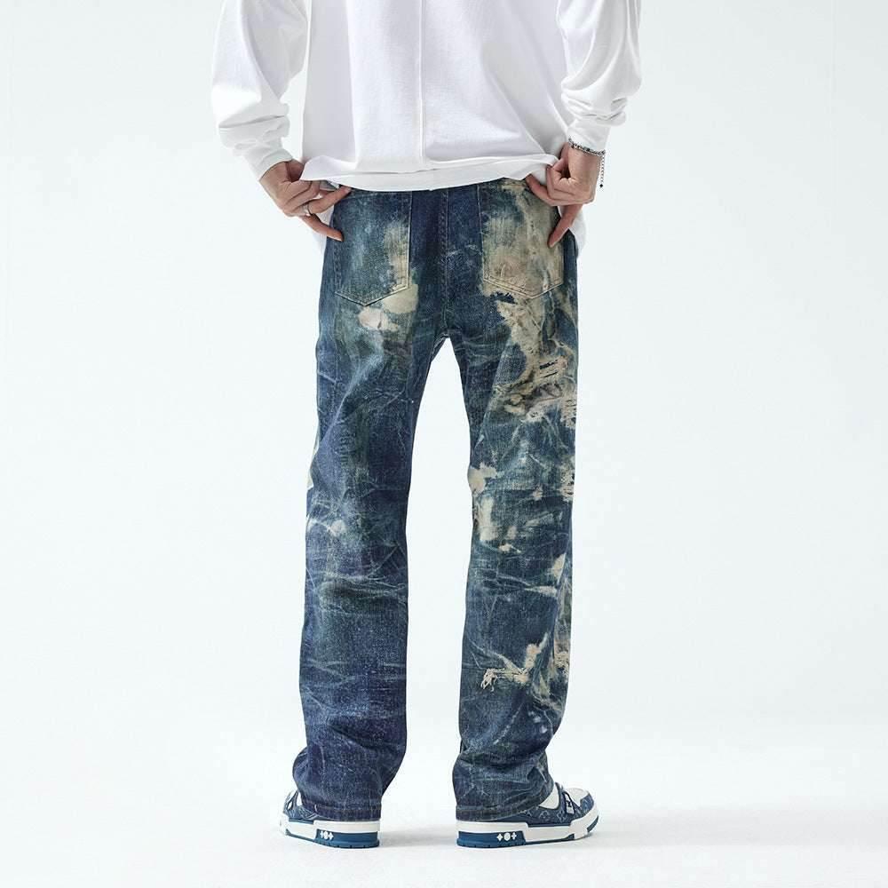 Fake Ripped Jeans Men's Fashion Straight Trousers