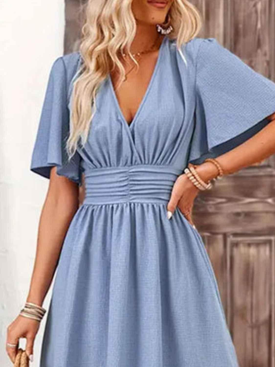 Side Slit Surplice Flutter Sleeve Midi Dress Trendsi
