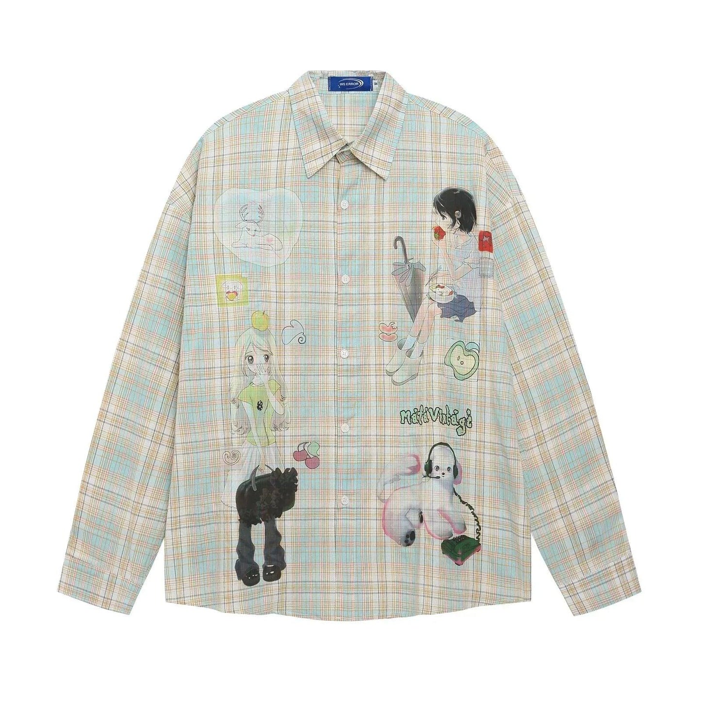 Cartoon Print Plaid Long Sleeve Shirt For Women | MuddyStock Originals Green