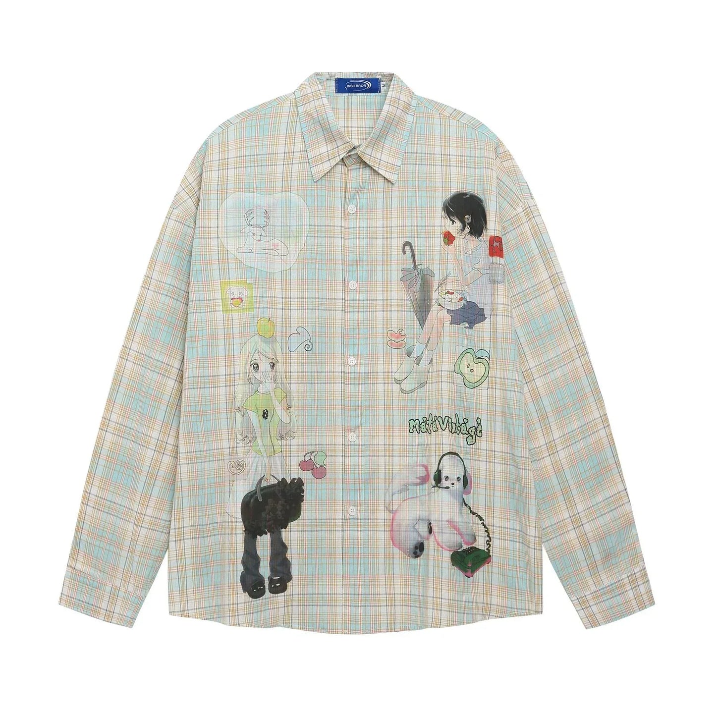 Cartoon Print Plaid Long Sleeve Shirt For Women | MuddyStock Originals Green eprolo