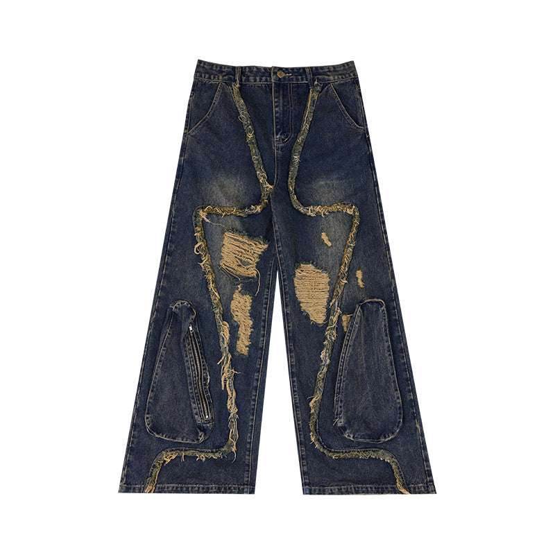 Retro Distressed Heavy Niche Deconstruction Tasseled Jeans Blue MuddyStock