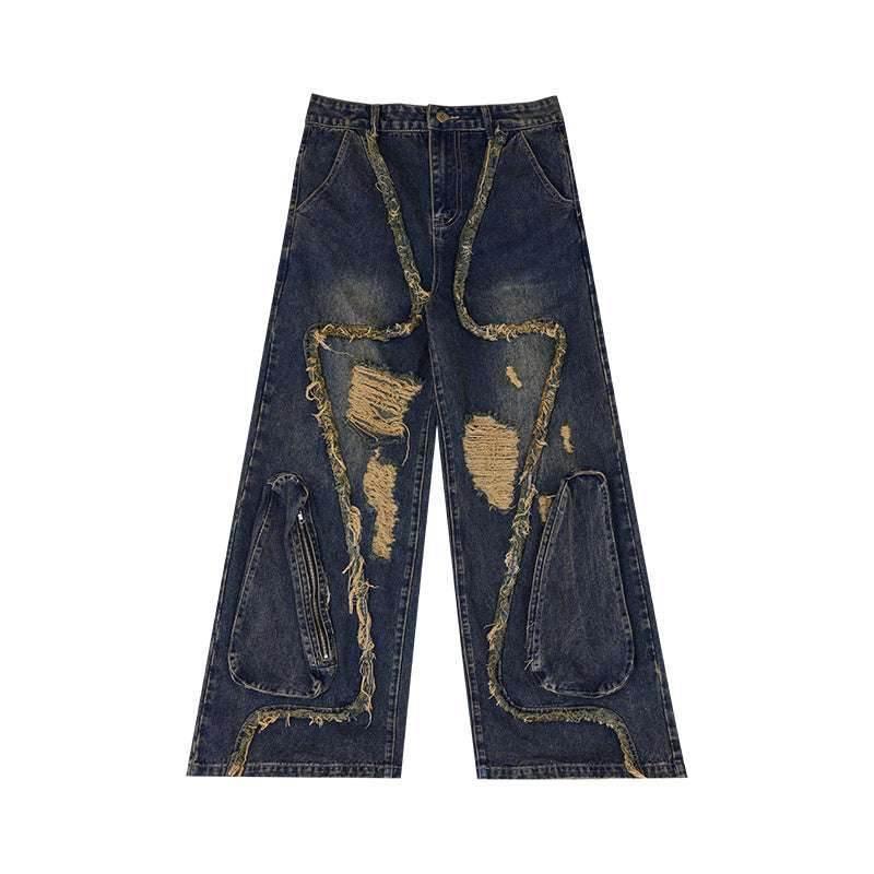 Retro Distressed Heavy Niche Deconstruction Tasseled Jeans Blue