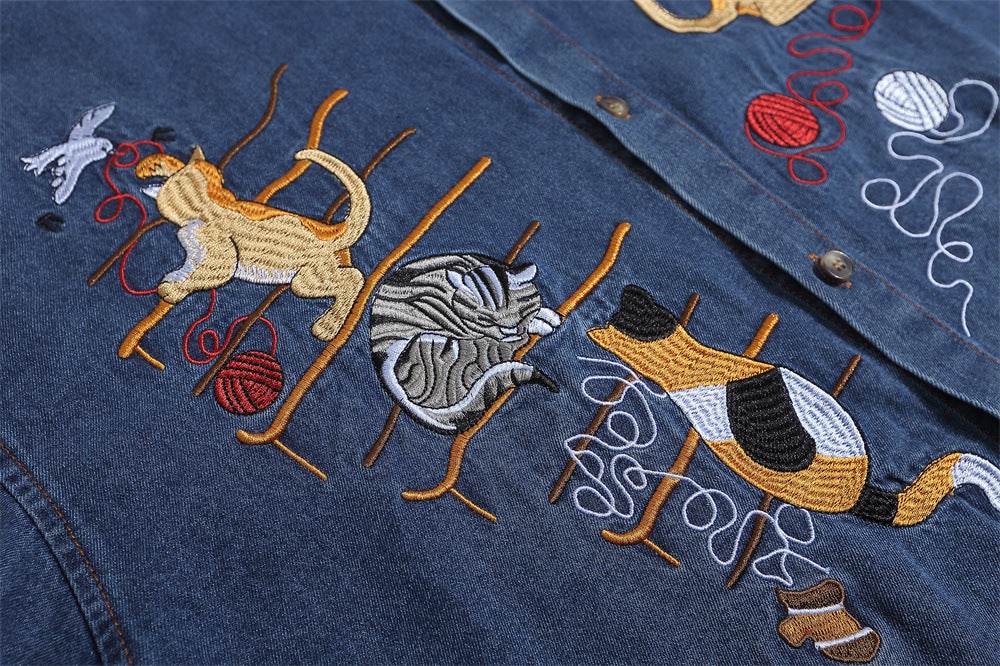 Embroidered Cat Denim Short Sleeve Shirt For Men And Women MuddyStock