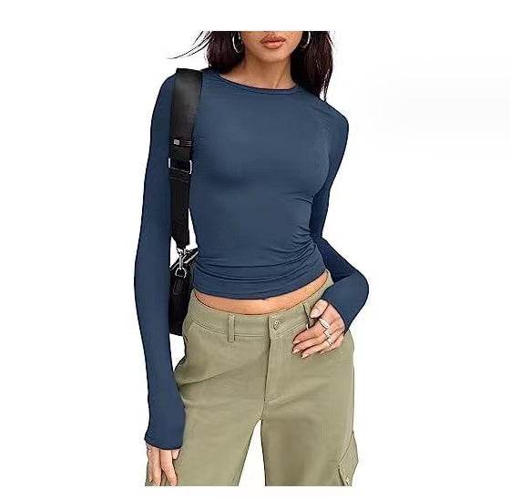 Women's Clothing Fashion Slim Long-sleeved Pullovers Tops Solid Causal Fit Shirts Color191 MuddyStock